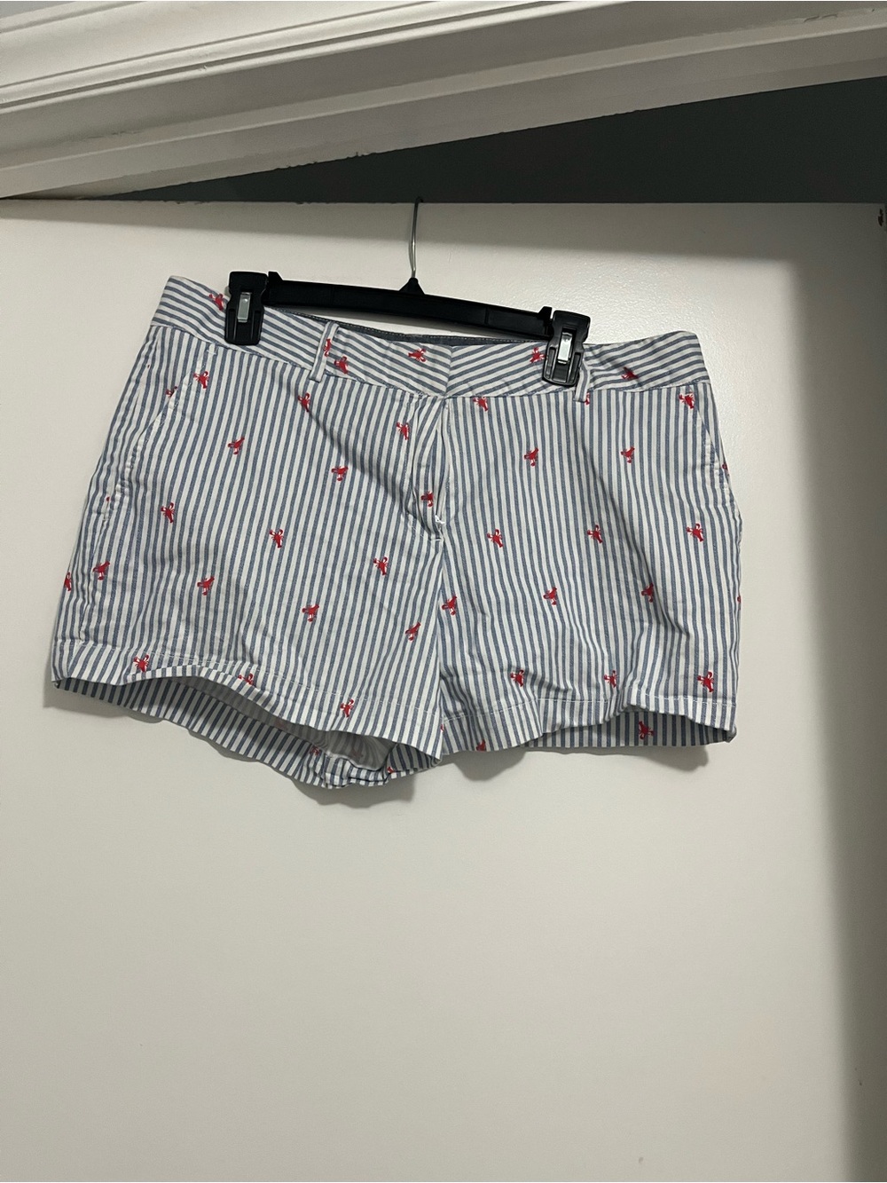 Striped Embroidered Women’s Shorts - Blue & White with Red Lobsters